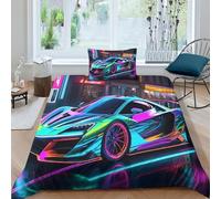JALYKA Colorful Sports Car Bedding Set Boys Girls,3D Quilt Duvet Cover Sets with Pillow Case,Bed Cover Soft,Duvet Set Comforter Cover 3 Pieces With Zipper Closure Single（135x200cm）