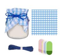 Jam Jar Decoration Kit 50 Gingham Paper Doilies 100 Smiley Self Adhesive Labels 30m Twine Complete Fresh Cottage Style Set for Homemade Jam Preserves Canning Accessories Gifts (Blue)