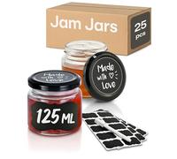 Jam Jars with Lids 125ml/4.40oz - 25 Small Glass Preserve Pots with Labels and Pen - Airtight Jars - Dishwasher Safe - Homemade & Marmalade Jam - Ideal for Gift Giving