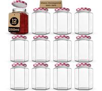 Jam Jars with Lids 250ml - 12 Pack Hexagonal Small Jars with Red Gingham Screw Top Lids - Airtight Glass Jars with Lids for Homemade Jam, Marmalade, and Chutney - Glass Jars with Lids