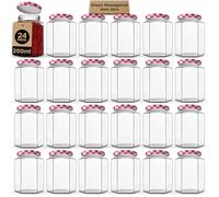 Jam Jars with Lids 250ml - 24 Pack Hexagonal Small Jars with Red Gingham Screw Top Lids - Airtight Glass Jars with Lids for Homemade Jam, Marmalade, and Chutney - Glass Jars with Lids