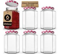 Jam Jars with Lids 250ml - 6 Pack Hexagonal Small Jars with Red Gingham Screw Top Lids - Airtight Glass Jars with Lids for Homemade Jam, Marmalade, and Chutney - Glass Jars with Lids