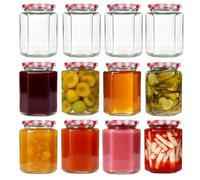 Jam Jars with Red Gingham Lids, 280ml Hexagonal Clear Small Glass Jars Airtight Screw Top Preserving Jars for Homemade Jam Chutney Marmalade, Storage Jars for Honey Spices Wedding Favours (12 Pack)