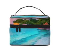Jamaica Beach Print Portable Travel Versatile Zipper Makeup Case for Large Capacity Polyester Makeup Bag, Black, One Size, Black/White, One Size
