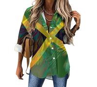 Jamaica Flag Jamaican Lion Womens Blouses Hawaiian Button Down Womens Tops Long Sleeve Shirts Tees S