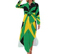 Jamaica Flag Plam Tree Women's Button Down Shirt Dress Long Sleeve Maxi Dress Casual Blouse Tshirt Dress S