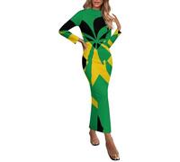 Jamaica Flag Plam Tree Women's Maxi Dresses Cocktail Long Sleeve Formal Dress for Wedding Party Multicolor