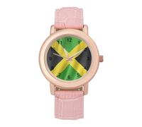 Jamaica Flag Satin Texture Women's Leather Watch Easy Reader Minimalist Wristwatch Pink Rose Gold Strap Watches
