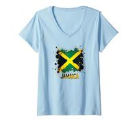 Jamaica Splatter Flag Patriotic Retro V-Neck T-Shirt, Women, Baby Blue, S