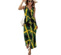Jamaica Vintage Vintage Watercolors Jamaican Flag Women's Summer Sleeveless Dress Sexy V Neck Maxi Dresses Casual Sundress Swing Dress for Beach M