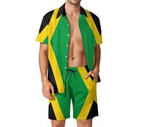 Jamaican Flag Men's Beach Hawaiian Sets Casual Outfit Short Sleeve Shirt Swim Shorts Trunks