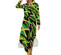 Jamaican Flag Women's Maxi Dress Long Sleeve Button Shirt Dress Casual Party Long Dresses L