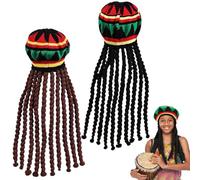 Jamaican Hat, 2pcs Traditional Knitted Soft Rasta Hat with 18in Long Black & Brown Dreadlocks Colorful Comfortable Elastic Funny Dreadlock Wig for Party, Cosplay, Halloween, Rasta Hat, Jamaican Hat