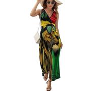 Jamaican Lion Flag Women's Summer Sleeveless Dress Sexy V Neck Maxi Dresses Casual Sundress Swing Dress for Beach 2XL