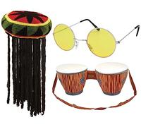 Jamaican Rasta Hat Inflatable Bongo Drums Hippie Yellow Round Glasses 3Pcs Caribbean Set
