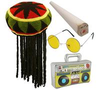 Jamaican Rasta Hat with Dreadlocks Wig, Fake Spliff, Yellow Glasses & Inflatable Boom Box Caribbean Fancy Dress