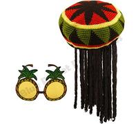 Jamaican Rasta Hat with Dreadlocks Wig & Pineapple Glasses Caribbean Fancy Dress