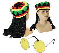 Jamaican Rasta Hat with Dreadlocks Wig & Yellow Glasses Caribbean Fancy Dress