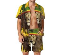 Jamaican Rasta Lion Men's Summer Beach Outfits Shirt And Shorts Set 2 Piece Vacation