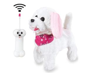 Jamara 460341 - RC Plush Dog white/pink 27MHz - Soft fur, Moves the snout, Moves the head, Wag his tail