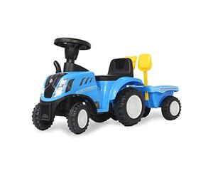 JAMARA 460355 Ride-On New Holland T7 Tractor - from 12 Months, Seat Height 270 mm, Tilt Protection, True to the Original Look, Trailer with Shovel and Rake, LED Light, Blue