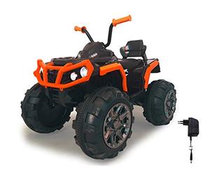 Jamara 460449 - Ride-on Quad Protector Orange 12V - Keyless Start, 2 Speed, Lights, Horn, Sounds, FM Radio, External Audio Sources, Shock Absorbers, High Performance Battery