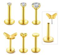 Jamboo 6Pcs 20G Threadless Flatback Small Piercing Studs - Hypoallergenic 14K Gold Filled Surgical Steel Push-in Small Body Piercing Jewelry Set for Multiple Hole Piercing, M : 16 Gauge, Bar Length