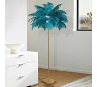 JAMCHE Blue Feather Floor Lamp for Living Room Feather Lamp 3 Color Temperatures 1.6m Standing Lamp Tall with Foot Switch Golden Lamp Body Tall Lamps for Living Room Bedroom 6 LED Bulb (Blue)