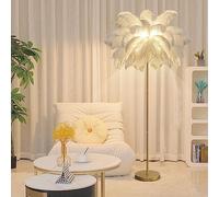 JAMCHE White Feather Floor Lamp Ostrich Feather Lamp 3 Color Temperatures 1.6m Standing Lamp Tall with Foot Switch Golden Lamp Body Tall Lamps for Living Room Bedroom 6 LED Bulb (White)