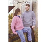 James Brett Aran Knitting Pattern Ladies V Neck & Mens Funnel Neck Sweater (JB854)