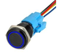 JAMHER 19MM 12V DC Self-Locking Push Button Switch 1NO1NC SPDT Switch with Ring LED Light Waterproof On Off Button Switch for 0.74" Mounting Hole with Wire Socket Plug(Blue)