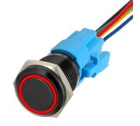 JAMHER 19MM 12V DC Self-Locking Push Button Switch 1NO1NC SPDT Switch with Ring LED Light Waterproof On Off Button Switch for 0.74" Mounting Hole with Wire Socket Plug(Red)