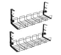 JAMHEXOU Cable Management Under Desk Tray No-Drill Wire Organiser Clamp for Cables and Power Strips Storage Metal Basket for Office Home Standing Desk, Black（2pcs）