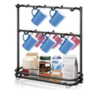 JAMHEXOU Coffee Mug Holder for Countertop, 14-Hook Mug Tree Rack for 14 Cups, 2 Tier Mug Display Stand with Heavy Duty Metal Base