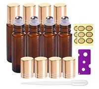 JamHooDirect 8Pcs 10ml Essential Oils Roller Bottles, Refillable Amber Glass Roll on Bottles with Golden Lids, Includes 12Pcs Stickers, 1 Dropper & 1 Opener - Great for Aromatherapy, Fragrance