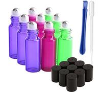 JamHooDirect 9Pcs, 5ml Multicolored Glass Essential Oils Roller Bottles with Stainless Steel Roller Ball - Refillable with Lid Opener, Great for Aromatherapy, Perfumes and Lip Balms