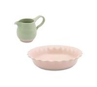 Jamie Oliver Big Love Proper Pie Set, Pink Round Stoneware Oven-To-Table Pie Dish with Scalloped Edges 28x28cm and Green Jug with Glossy Glaze,650ml, 19x11cm, Microwave, Oven, Dishwasher-Safe