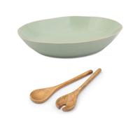 Jamie Oliver Big Love Serving Set, Green Glazed Stoneware Bowl and Mango Wood Serving Spoons, Set of 2 - Brown - Stoneware and Mango Wood - Serving Sets