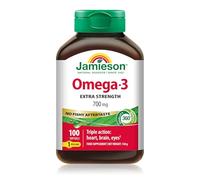 Jamieson Extra Strength Omega-3 700mg, No Fishy Aftertaste, 420 mg of EPA + 280 mg of DHA, Heart Health. Brain Health. Eye Health, Free of Heavy Metals, 100 Softgels, one per Day