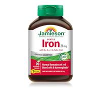 Jamieson Gentle Iron 28 mg with Vitamin C, B12 & Folate, 90 Capsules | Enhanced-absorption iron bisglycinate with vitamin C, B2, B12 & folate. Helps reduce tiredness and fatigue.