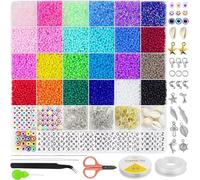 Jamish Store JS Beads for Bracelets Kit, 24 Colors 14440 pcs 3mm Glass Seed Beads Multi Color, Rainbow Beads DIY Bracelet Necklaces Jewelry with 100pcs Alphabet Letter Beads and Accessories