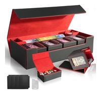 Jamiukro Elegant Multi-Compartment Leather Card Box, Large, Holds 2400 Unlaid Cards, 6 Compartments, Including 5 TCG Card Boxes and Dice Compartment, Black/Red Set