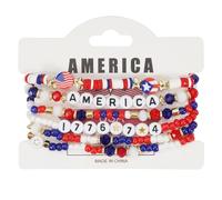 JAMNGHB 6PCS Stylish Independence Day Stretch Bracelets Red White Blue Beads With Alloy Star Pendants National Celebration Americans Flag Star Charm Jewelry