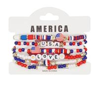 JAMNGHB 6PCS Stylish Independence Day Stretch Bracelets Red White Blue Beads With Alloy Star Pendants National Celebration Americans Flag Star Charm Jewelry
