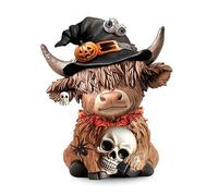 JAMNGHB High Land Cow Holding Skull Pumpkin Figurine Halloween Decoration Resins Craft Miniature Statue Home Office Desk Ornament Festives Indoor Halloween Cow Statue