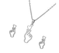 JAMNGHB Trendy Hand Heart Gesture Shape Stainless Steel Pendant Necklace And Studs Earrings Suitable For Individualistic Women Exquisite Hollow Hand Jewelry Gift Set