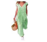 JAMPOL 2023 V-Neck Short-Sleeved Loose Long Swing Dress (Color : Green, Size : XL)