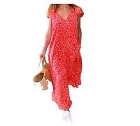 JAMPOL 2023 V-Neck Short-Sleeved Loose Long Swing Dress (Color : Red, Size : XL)