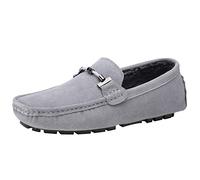 Jamron Mens Elegant Buckle Loafers Comfort Suede Driving Shoes Stylish Moccasin Slippers Grey Plush SN19020-2 UK9.5