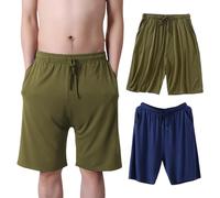 Jamron Mens Plus Size 2 Pack Soft Stretchy Pyjama Bottoms Shorts Thin Lightweight Sleep Lounge Shorts with Pockets Army Green + Navy Blue 3XL